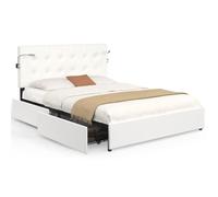 IDMarket - Lit Double MAEL 140 x 190 cm PVC Blanc | Avec tête de lit capitonnée, liseuses intégrées, sommier et 2 tiroirs sur roulettes