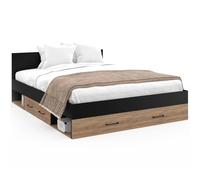 IDMarket - Lit double MINEA - Tiroirs, niches, tête de lit et sommier 140x190 façon hêtre/noir