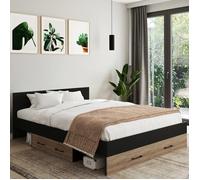 IDMARKET Lit double MINEA avec tiroirs + niches de rangement + tête de lit et sommier 140 x 190 cm façon hêtre et noir