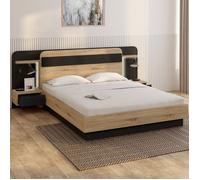 IDMARKET Lit double NATHAN 140 x 190 cm avec tête de lit, chevets suspendus, étagère, LED et sommier bois et noir