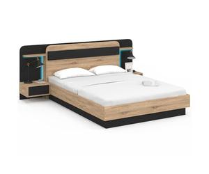 IDMarket - Lit Double Nathan 140 x 190 cm avec tête de lit, chevets Suspendus, étagère, LED et sommier Bois et Noir