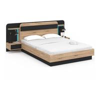 IDMarket – Lit double NATHAN 140x190 cm, tête de lit, chevets suspendus, LED – bois/noir