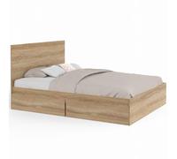 IDMarket Lit double Omaha 4 tiroirs sur roulettes avec tête de lit et sommier 140x190 façon hêtre