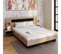 Idmarket Lit Double Santa 140 X 190 Cm Tête De Lit Avec Chevets Suspendus Et Sommier Bois Et Noir Noir