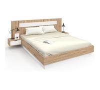 IDMarket Lit Double Santa, 160 x 200 cm, Bois et Blanc, avec tête de lit, tables de chevet intégrées et sommier 26 lattes
