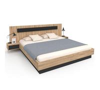 IDMarket Lit double SANTA – tête de lit avec chevets intégrés, sommier 180×200 cm bois et noir