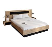 IDMarket - Lit Double Santa avec tête de lit + Tables de Chevet intégrées et sommier 140 x 190 cm Bois et Noir