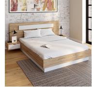 Lit Double Santa Avec Tête De Lit + Tables De Chevet Intégrées Et Sommier 140 X 190 Cm Bois Et Blanc Blanc