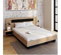 IDMARKET Lit double SANTA avec tête de lit + tables de chevet intégrées et sommier 140 x 190 cm bois et noir