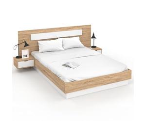 IDMarket - Lit Double Santa avec tête de lit + Tables de Chevet intégrées et sommier 140 x 190 cm Bois et Blanc