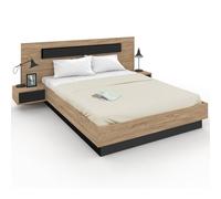 IDMarket - Lit Double Santa avec tête de lit + Tables de Chevet intégrées et sommier 160 x 200 cm Bois et Noir