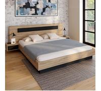 IDMARKET Lit double SANTA avec tête de lit + tables de chevet intégrées et sommier 180 x 200 cm bois et noir