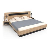 IDMARKET Lit double SANTA avec tête de lit + tables de chevet intégrées et sommier 180 x 200 cm bois et noir
