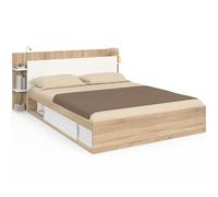IDMarket - Lit double Sari - Rangements, sommier et tête de lit - 140 x 190 cm - Bois et blanc