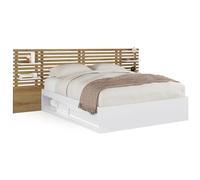 IDMarket Lit double SAVANA – tête de lit, chevets, rangements, sommier 140x190 cm blanc/hêtre