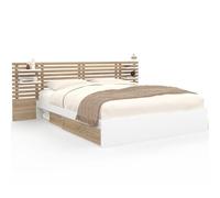 IDMarket Lit double Savana – tête de lit, chevets, rangements, sommier 160x200 cm façon hêtre/blanc