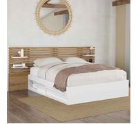 IDMARKET Lit double SAVANA avec tête de lit, chevets, rangements et sommier 140 x 190 cm blanc et façon hêtre
