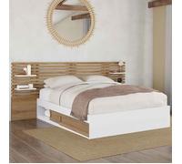IDMARKET Lit double SAVANA avec tête de lit, chevets, rangements et sommier 140 x 190 cm hêtre et blanc