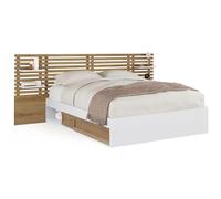 Lit Double Savana Avec Tête De Lit, Chevets, Rangements Et Sommier 140 X 190 Cm Hêtre Et Portes Blanches Blanc