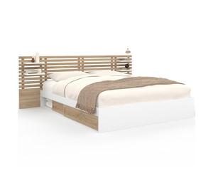 IDMarket - Lit Double Savana avec tête de lit, chevets, rangements et sommier 160 x 200 cm façon hêtre et Blanc