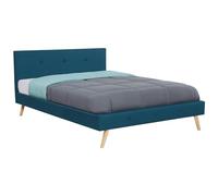 IDMarket – Lit double scandinave OSLO 160 x 200 cm avec tête de lit et sommier tissu bleu canard