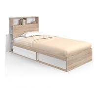 IDMarket Lit simple CLEM avec rangement, tête de lit et sommier 90 x 190 cm hêtre/blanc