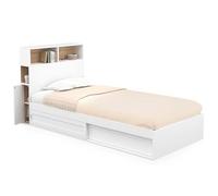 IDMarket - Lit Simple Clem avec Rangement, tête de lit et sommier 90 x 190 cm Blanc et hêtre