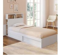 IDMarket – Lit simple Clem avec rangement, tête de lit et sommier 90 x 190 cm blanc et hêtre