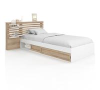 IDMarket - Lit Simple Savana avec tête de lit, chevets, rangements et sommier 90 x 190 cm façon hêtre et Blanc