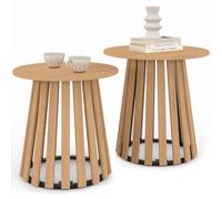 IDMarket - Lot de 2 Tables d'appoint Rondes Carmen 40/45 cm | 2 bouts de canapé, tables de chevet avec pied bois en lattes et plateau bois