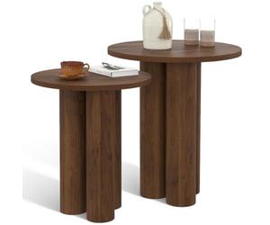 IDMarket - Lot de 2 Tables d'appoint Rondes Eloise 35/40 cm Bois Noyer | 2 bouts de canapé, tables de chevet avec 3 pieds cylindriques et plateau bois effet noyer