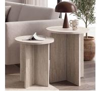 IDMarket - Lot de 2 Tables d'appoint Rondes, Bouts de canapé, Tables de Chevet Marthe 35/40 cm Bois Effet travertin