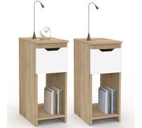 IDMarket - Lot de 2 Tables de Chevet étroites Anouk 1 tiroir avec Niche Bois façon hêtre et Blanc