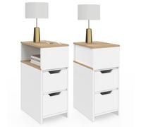 IDMarket - Lot de 2 Tables de Chevet étroites Anouk 2 tiroirs avec Niche latérale réversible Blanc et Bois