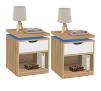 IDMarket – Lot de 2 tables de chevet Luna – à LED, 1 tiroir, niche hêtre et blanc