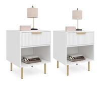 IDMarket – Lot de 2 tables de chevet Marcel 1 tiroir avec niche effet lattes blanc et doré