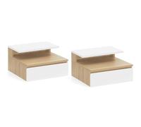 IDMarket - Lot de 2 Tables de Chevet murales TOMI 1 tiroir + 1 Tablette étagère Suspendue + 1 Tablette façon hêtre et Blanc
