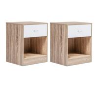 IDMarket – Lot de 2 tables de chevet Olga – 1 tiroir, niche – Bois façon hêtre, tiroir blanc