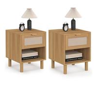 Lot de 2 tables de chevet ROBIN 1 tiroir avec niche bois et tissu effet lin