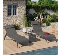 IDMarket - Lot de 2 transats inclinables Bora - table d'appoint, toile grise, acier gris anthracite