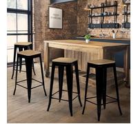 IDMarket - Lot de 4 tabourets de Bar Leny métal Noir Mat Assise Bois empilable Aspect Brut Factory