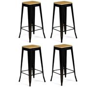 IDMarket - Lot de 4 tabourets de Bar Leny métal Noir Mat Assise Bois empilable Aspect Brut Factory