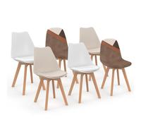 IDMarket - Lot de 6 chaises scandinaves SARA Beige, Blanc et Velours patchworks Marron et Beige