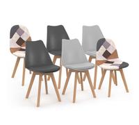 IDMarket - Lot de 6 chaises scandinaves SARA Gris foncé x2, Gris Clair x2 et patchworks Marron x2