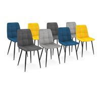 IDMarket – Chaises Mila en velours – Lot de 8 (Bleu x2, Gris foncé x2, Gris clair x2, Jaune x2)