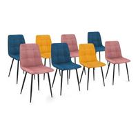 IDMarket - Lot de 8 chaises Mila en Velours Mix Color Bleu x3, Rose x3, Jaune Ocre x2