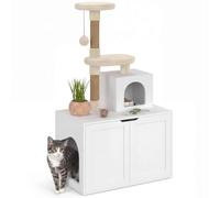 IDMarket - Maison de Toilette Arbre à Chat | tout en un cache-litière avec double portes, 1 niche et plateforme bois blanc