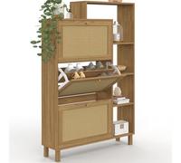 IDMarket - Meuble à Chaussures 18 Paires HANAE 3 Portes Effet Naturel cannage avec étagère