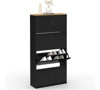 IDMarket - Meuble à Chaussures 24 Paires Maxi capacité Ester 4 Portes métal Noir et Plateau façon hêtre Design Industriel