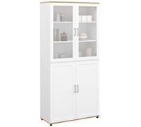 IDMarket - Meuble Armoire Colonne Salle de Bain VITO 4 Portes Dont 2 vitrées Blanc et Bois